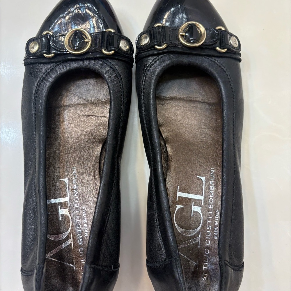 AGL Black Leather Loafers with Gold Accents